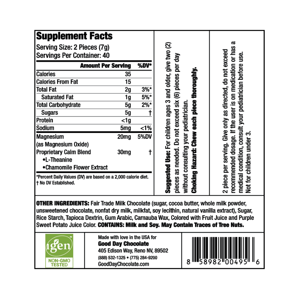 Kids Calm 8ct supplement facts panel